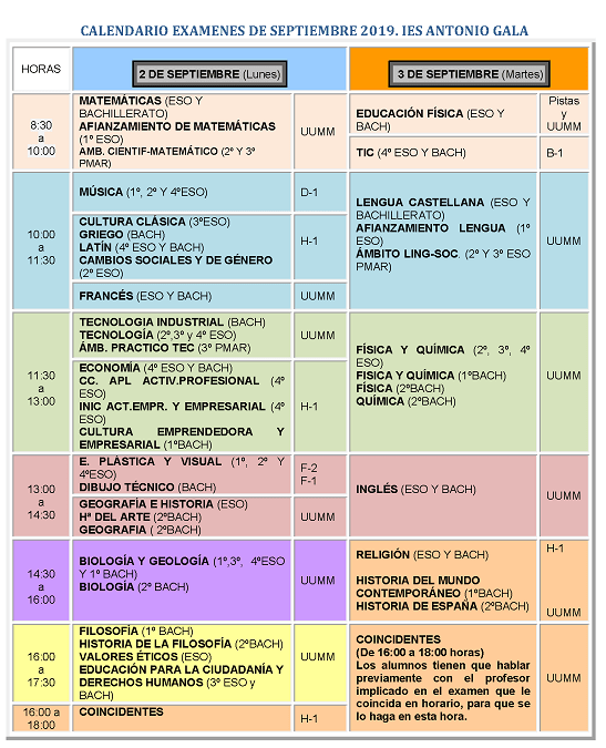 Calendario exámenes de septiembre curso 2018/19